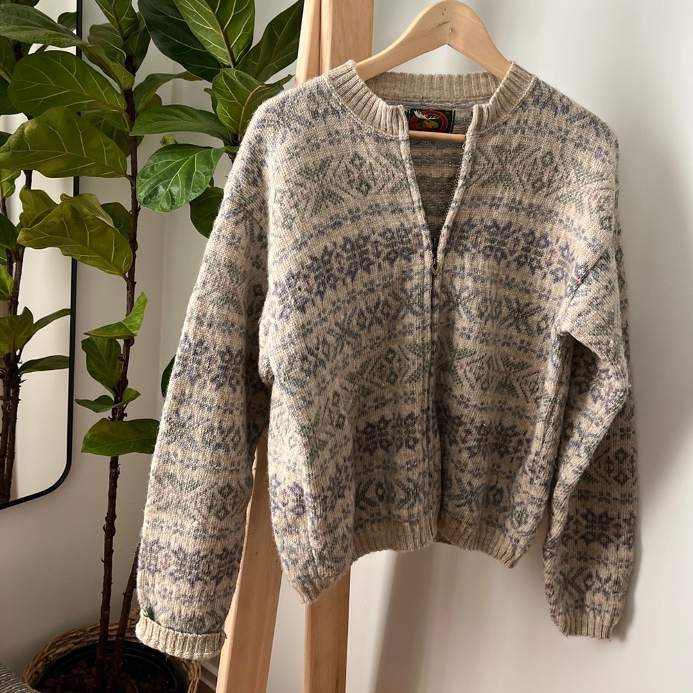 Vintage Wool Knit Apres Ski Zip Cardigan Cottage Cabin Grandma